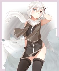 Rule 34 | 1girl, absurdres, animal, animal ear fluff, arm behind head, bare arms, bare shoulders, black dress, black thighhighs, blue eyes, blush, closed mouth, dress, grey jacket, hair between eyes, hair ornament, hand up, highres, jacket, looking away, looking to the side, ninja, non (wednesday-classic), open clothes, open jacket, original, pelvic curtain, scarf, short hair, silver hair, sleeveless, sleeveless dress, sleeveless jacket, solo, thighhighs, white scarf, wolf