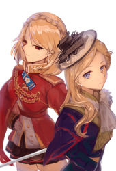 Rule 34 | 2girls, absurdres, ascot, azur lane, black skirt, blonde hair, blue capelet, blue eyes, braid, buttons, capelet, chain, closed mouth, commentary request, earrings, epaulettes, eyebrows hidden by hair, fur, fur collar, fur trim, gloves, hand on own hip, hat, highres, holding, holding sword, holding weapon, hood (azur lane), jewelry, long sleeves, medium hair, miniskirt, multiple girls, prince of wales (azur lane), red eyes, red shirt, shika (shika0), shirt, simple background, skirt, smile, sword, upper body, weapon, white background