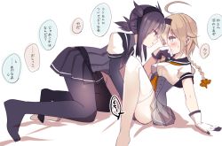 Rule 34 | 10s, 2girls, ahoge, all fours, arm support, bad id, bad pixiv id, black hair, blonde hair, blush, bodysuit, braid, cis (carcharias), covering own mouth, eye contact, from side, gloves, hachimaki, hatsuzuki (kancolle), headband, implied fingering, kantai collection, knee up, looking at another, multiple girls, open mouth, pantyhose, profile, school uniform, serafuku, simple background, spread legs, sweatdrop, teruzuki (kancolle), thighhighs, translation request, white background, white legwear, yuri