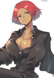 Rule 34 | 1girl, blue eyes, breasts, buttons, chikoinochi, cleavage, collared shirt, dark-skinned female, dark skin, facial mark, female focus, forehead mark, giovanna (guilty gear), guilty gear, guilty gear strive, highres, huge breasts, looking at viewer, red hair, shirt, short hair, solo, upper body