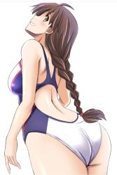 Rule 34 | 1girl, ass, ass focus, brown eyes, brown hair, competition swimsuit, huge ass, long braid, long hair, looking at viewer, looking back, one-piece swimsuit, swimsuit, the king of fighters, tonpuu, yuri sakazaki
