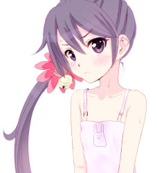 Rule 34 | 1girl, akebono (kancolle), alternate costume, bell, camisole, flat chest, flower, hair bell, hair flower, hair ornament, jingle bell, kantai collection, kujira naoto, long hair, looking at viewer, pink camisole, purple eyes, purple hair, side ponytail, simple background, solo, spaghetti strap, upper body, very long hair, white background