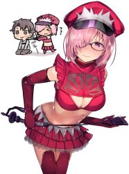 Rule 34 | !?, 1boy, 1girl, black-framed eyewear, blush, breasts, chibi, cleavage cutout, clothing cutout, cosplay, crop top, elbow gloves, fate/grand order, fate (series), frills, fujimaru ritsuka (male), full-face blush, glasses, gloves, hair over one eye, hat, highres, hip focus, leaning forward, light purple hair, looking to the side, mash kyrielight, medb (alluring chief warden look) (fate), medb (fate), medb (fate), medb (fate) (cosplay), medium breasts, navel, peaked cap, pleated skirt, purple eyes, red gloves, red legwear, red skirt, riding crop, short hair, simple background, skirt, tearing up, tetsubuta, thighs, white background
