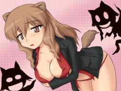 Rule 34 | 1girl, animal ears, breasts, brown hair, cleavage, fernandia malvezzi, large breasts, long hair, panties, red panties, solo, strike witches, strike witches: kurenai no majo-tachi, tail, underwear, uramachi katana, world witches series