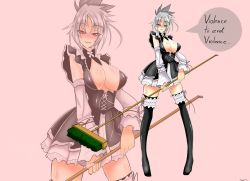 Rule 34 | 1girl, breasts, broom, cleavage, detached sleeves, english text, frills, league of legends, maid, riven (league of legends), short hair, thighhighs, torahime (roland00), white hair