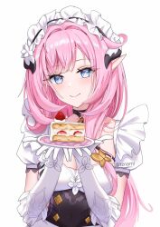 Rule 34 | 1girl, black choker, blue eyes, breasts, butterfly hair ornament, cake, choker, cleavage, detached sleeves, elbow gloves, elf, elysia (honkai impact), elysia (miss pink elf) (honkai impact), fake horns, food, gloves, hair between eyes, hair ornament, highres, holding, holding plate, honkai (series), honkai impact 3rd, horns, long hair, looking at viewer, maid, nami (tznami), pink hair, pink pupils, plate, pointy ears, puffy short sleeves, puffy sleeves, short sleeves, smile, strawberry shortcake, twitter username, two-tone dress, very long hair, white background, white gloves