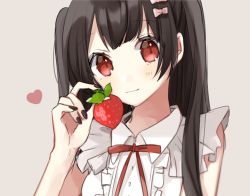 Rule 34 | 1girl, bad id, bad pixiv id, black hair, black nails, blush, bow, collared shirt, commentary request, food, frilled shirt, frills, fruit, grey background, hachimitsu honey, hair bow, hand up, heart, highres, holding, holding food, nail polish, neck ribbon, original, pink bow, red eyes, red ribbon, ribbon, shirt, simple background, sleeveless, sleeveless shirt, smile, solo, strawberry, two side up, upper body, white shirt