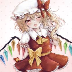 Rule 34 | 1girl, ascot, blush, bow, breasts, cowboy shot, crystal, dutch angle, fang, flandre scarlet, food, frilled shirt collar, frilled skirt, frilled sleeves, frills, hair between eyes, hat, hat bow, hat ribbon, highres, holding, holding food, holding pocky, large bow, long hair, looking at viewer, mob cap, multicolored wings, nail polish, one eye closed, one side up, open mouth, pink eyes, pocky, pocky day, puffy short sleeves, puffy sleeves, red bow, red nails, red ribbon, red skirt, red vest, ribbon, shirt, short sleeves, simple background, skin fang, skirt, skirt set, sleeve ribbon, small breasts, solo, star (symbol), touhou, vest, waist bow, white background, white hat, white shirt, wings, wrist cuffs, yellow ascot, yellow bow, yuma (yuuma pants)