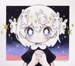 Rule 34 | 1girl, blue eyes, blush, border, bright pupils, dated, hands up, highres, looking at viewer, medium hair, no nose, original, own hands together, rabbit, signature, solo, tears, upper body, white border, white hair, white pupils, zukky000
