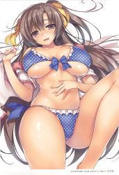 Rule 34 | 1girl, absurdres, bare shoulders, bikini, breasts, brown hair, collarbone, frills, highres, jacket, large breasts, looking at viewer, lying, off shoulder, on back, open mouth, original, page number, polka dot, polka dot bikini, purple eyes, scan, shiny skin, simple background, smile, solo, swimsuit, tomose shunsaku, white background