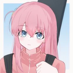 Rule 34 | 1girl, blue eyes, blush, bocchi the rock!, cube hair ornament, gigbag, gotoh hitori, guitar case, hair ornament, highres, instrument case, jacket, long hair, looking at viewer, one side up, osushipower, pink hair, pink jacket, simple background, solo, track jacket, upper body