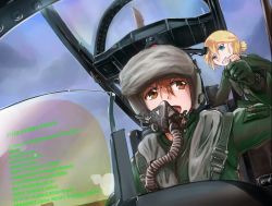 Rule 34 | 2girls, bad id, bad pixiv id, blonde hair, blue eyes, brown eyes, brown hair, canopy, cockpit, english text, engrish text, gloves, grin, harness, helmet, military, multiple girls, open mouth, original, oxygen mask, pilot suit, ranguage, shinden, short ponytail, smile