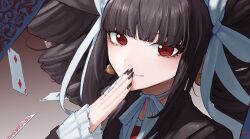 Rule 34 | 1girl, absurdres, black hair, black jacket, black nails, blunt bangs, blush, card, celestia ludenberg, danganronpa: trigger happy havoc, danganronpa (series), drill hair, earrings, floating, floating object, gradient background, grey background, hand to own mouth, headdress, highres, jacket, jewelry, nail polish, neck ribbon, necktie, playing card, portrait, red eyes, red necktie, ribbon, rorirori (rorirori45), solo, twin drills, twintails, white ribbon