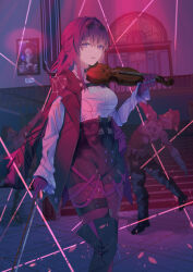 Rule 34 | 1girl, absurdres, black footwear, black jacket, boots, chest harness, collared shirt, commentary, drawing (object), english commentary, eyewear on head, falling petals, fence, floor, gloves, hair between eyes, harness, high-waist shorts, highres, holding, holding instrument, holding violin, honkai: star rail, honkai (series), indoors, instrument, jacket, jewelry, kafka (honkai: star rail), long hair, long sleeves, looking at viewer, maria onnette, multiple rings, open mouth, pantyhose, pantyhose under shorts, petals, purple-tinted eyewear, purple eyes, purple gloves, purple pantyhose, ring, round eyewear, shirt, shorts, sidelocks, single thigh boot, smile, solo, stairs, standing, stelle (honkai: star rail), thigh boots, tinted eyewear, trailblazer (honkai: star rail), violin, wall, white shirt