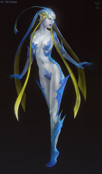 Rule 34 | 1girl, barefoot, black background, blue eyes, blue skin, breasts, colored skin, final fantasy, final fantasy viii, full body, highres, looking to the side, medium breasts, navel, pale skin, parted lips, pointy ears, sandra duchiewicz, shiva (final fantasy), solo, stomach, tentacle hair, tiptoes