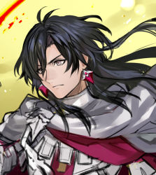 Rule 34 | 1boy, antenna hair, armor, cloak, closed mouth, constantine xi (fate), earrings, fate/grand order, fate (series), grey eyes, hair between eyes, heki0529, jewelry, long hair, looking ahead, male focus, serious, sketch, solo, upper body, white armor, white cloak, yellow background