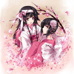 Rule 34 | 2boys, alluka zoldyck, androgynous, black hair, cherry blossoms, child, chrysanthemum, crossdressing, drugstore04, flower, from behind, hair ornament, hair ribbon, hunter x hunter, japanese clothes, kalluto zoldyck, kimono, long hair, looking at viewer, multiple boys, open mouth, petals, pink eyes, pink theme, profile, ribbon, simple background, smile, traditional clothes, trap