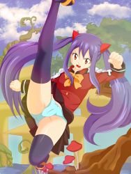 Rule 34 | 1girl, absurdres, arms up, black skirt, black thighhighs, blue panties, blue sky, bow, bow panties, cameltoe, clenched hands, day, fairy tail, female focus, hair ornament, highres, kicking, leg up, long hair, long sleeves, looking at viewer, mushroom, no shoes, open mouth, orange bow, orange eyes, orange footwear, outdoors, panties, planeptune, pleated skirt, purple hair, red shirt, revision, sandals, shiny skin, shirt, shoes, skirt, sky, solo, spread legs, standing, standing on one leg, teeth, thighhighs, twintails, underwear, upskirt, wendy marvell