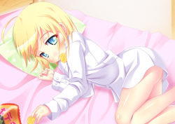 Rule 34 | 1girl, bed, blonde hair, blue eyes, blush, chips (food), eating, food, looking at viewer, lying, mouth hold, on side, pillow, potato chips, sekine irie, shirt, short hair, solo