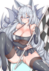 Rule 34 | 1girl, absurdres, animal ears, azur lane, bare shoulders, black skirt, black thighhighs, blue eyes, breasts, bridal gauntlets, checkered flag, cleavage, closed mouth, collarbone, commentary request, constricted pupils, dot nose, flag, fox ears, fox girl, frilled skirt, frills, grey hair, hair between eyes, highres, holding, holding flag, knee up, large breasts, leotard, long hair, microskirt, official alternate costume, okine (okine691), race queen, shadow, shinano (azur lane), shinano (moonlit chrome) (azur lane), simple background, sitting, skirt, smile, solo, split mouth, spread legs, tail, thick thighs, thighhighs, thighs, very long hair, white background, white footwear