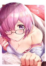 Rule 34 | 1girl, absurdres, black-framed eyewear, blanket, blurry, blurry foreground, blush, bra strap, breast press, breasts, casual, cleavage, closed mouth, collarbone, commentary request, depth of field, fate/grand order, fate (series), glasses, hair over one eye, highres, holding hands, lips, looking at viewer, lying, mash kyrielight, medium breasts, off-shoulder, off-shoulder sweater, off shoulder, on stomach, out of frame, pink hair, pov, pov hands, purple eyes, revision, rouka (akatyann), short hair, smile, solo focus, strap slip, sweater, tareme, under covers, upper body, white sweater