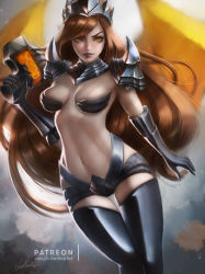 Rule 34 | 1girl, armor, bikini armor, black gloves, black thighhighs, blurry, blurry background, breasts, cleavage, cowboy shot, crown, d.va (overwatch), elbow gloves, gloves, holding, holding weapon, lipstick, lolliedrop, long hair, looking at viewer, makeup, navel, official alternate costume, overwatch, overwatch 1, parted lips, patreon username, red hair, shoulder armor, signature, solo, standing, thigh gap, thighhighs, weapon, yellow eyes