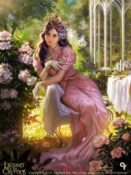 Rule 34 | 1girl, artist name, bug, butterfly, butterfly on hand, candlestand, chair, copyright name, dated, dress, earrings, flower, garden, gloves, grass, green eyes, hair flower, hair ornament, highres, insect, jewelry, leaf, leaning to the side, legend of the cryptids, liang xing, long hair, official art, outdoors, petals, plant, purple hair, realistic, sitting, solo, stud earrings, tiara, watermark, web address