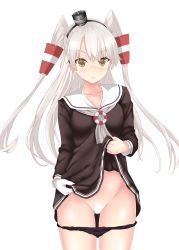 Rule 34 | 1girl, amatsukaze (kancolle), black panties, blush, breasts, brown dress, brown eyes, censored, dress, gloves, gluteal fold, groin, hair tubes, hairband, highres, kantai collection, lifebuoy, long hair, looking at viewer, nendoroya, panties, sailor dress, short dress, silver hair, simple background, small breasts, solo, swim ring, thighs, two side up, underwear, white background