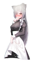 Rule 34 | 1girl, absurdres, alternate costume, animal ears, apron, arknights, beudelb, black dress, breasts, cat ears, collar, commentary, cowboy shot, dress, enmaided, grey hair, hair over one eye, highres, korean commentary, large breasts, lifted by self, long hair, looking at viewer, maid, maid day, ponytail, schwarz (arknights), simple background, solo, tears, very long hair, white apron, white background, white collar, yellow eyes