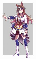 Rule 34 | 1girl, bodice, boots, breasts, brown hair, cleavage, collarbone, starting future (umamusume), cropped jacket, earrings, full body, garter straps, grey background, high heel boots, high heels, highres, horse girl, jewelry, knee boots, looking at viewer, midriff, multicolored hair, navel, outside border, outstretched hand, overskirt, pendant choker, purple eyes, red shorts, shorts, single earring, solo, symboli rudolf (umamusume), takatsuki nato, thighhighs, umamusume, white hair, wristband