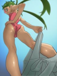 Rule 34 | 1girl, ass, contrapposto, creatures (company), dark-skinned female, dark skin, flower, from below, game freak, green eyes, green hair, hair flower, hair ornament, hand on own hip, mallow (pokemon), muramura hito, nintendo, one-piece swimsuit, panties, pink one-piece swimsuit, pink panties, pokemon, pokemon sm, smile, solo, standing, swimsuit, twintails, underwear, undressing