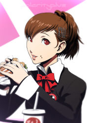 Rule 34 | 1girl, brown hair, burger, eyelashes, food, food on face, hair ornament, hairclip, lips, looking at viewer, persona, persona 3, persona 3 portable, polarityplus, portrait, red eyes, school uniform, shiomi kotone, short hair, simple background, solo