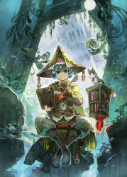 Rule 34 | 1boy, arch, baggy pants, blue eyes, blue hair, book, bookshelf, boots, brown footwear, building, cape, cat, commentary request, fantasy, floating, floating object, full body, hat, highres, holding, holding wand, knee boots, konno takashi, long sleeves, looking at viewer, male focus, outdoors, pants, plant, ruins, shirt, sitting, smile, solo, sword world 2.0, tassel, tower, vines, wand, white pants, white shirt