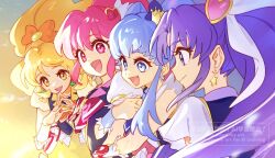 4girls :d aino_megumi arm_hug artist_name blonde_hair blue_eyes blue_hair blue_wrist_cuffs bow copyright_notice cure_fortune cure_honey cure_lovely cure_princess dot_nose earrings english_text from_side hair_bow hair_ornament hands_up happinesscharge_precure! heart heart_hair_ornament highres hikawa_iona holding_another&#039;s_arm jewelry lapels long_hair looking_ahead magical_girl multiple_girls notched_lapels oomori_yuuko open_mouth orange_bow own_fingers_together pink_eyes pink_hair ponytail precure purple_eyes purple_hair red_bow shipu_(gassyumaron) shirayuki_hime short_sleeves sidelocks signature sky sleeveless smile star_(symbol) star_earrings twintails upper_body very_long_hair watermark wrist_cuffs yellow_eyes yellow_sky