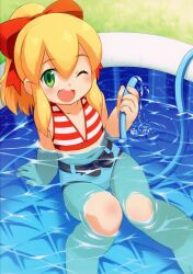 Rule 34 | 1girl, absurdres, arm support, artbook, belt, bikini, black belt, blush, collarbone, day, eyelashes, flat chest, from above, full body, grass, green eyes, hair between eyes, hair ribbon, highres, holding, holding hose, hose, inou shin, legs, looking at viewer, mega man (classic), mega man (series), navel, non-web source, open mouth, outdoors, partially submerged, red bikini, red ribbon, ribbon, roll (mega man), scan, short shorts, shorts, sidelocks, sitting, solo, swimsuit, teeth, textless version, thighs, upper teeth only, wading pool, water, wet, white shorts