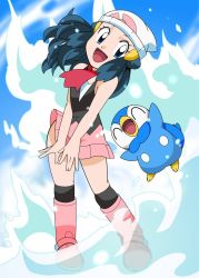 Rule 34 | 1girl, blue eyes, blue hair, boots, breasts, creatures (company), curvy, dawn (pokemon), female focus, game freak, gen 4 pokemon, hainchu, happy, looking back, matching hair/eyes, nintendo, piplup, pokemon, pokemon (anime), pokemon (creature), pokemon dppt (anime), scarf, skirt, small breasts, water