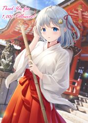 Rule 34 | 1girl, absurdres, bamboo broom, blue eyes, broom, commentary request, crescent, crescent hair ornament, grey hair, hair ornament, hakama, hakama skirt, hand on own head, highres, holding, holding broom, japanese clothes, kimono, lens flare, looking at viewer, miko, milestone celebration, one side up, open mouth, original, red hakama, shrine, sidelocks, skirt, smile, snowflake hair ornament, solo, thank you, twitter username, white kimono, yutuki ame