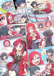 Rule 34 | 2girls, @ @, absurdres, black hair, body switch, bow, bowtie, comic, commission, fast forward button, fusion, hair bun, heterochromia, highres, icarus (2010741), in-franchise crossover, jacket, light bulb, love live!, love live! school idol project, love live! sunshine!!, multiple girls, nishikino maki, pause button, personality switch, pink eyes, pixiv commission, purple eyes, red hair, single hair bun, single side bun, spinning teacup, sweater jacket, tsushima yoshiko
