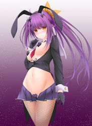 Rule 34 | 1girl, ahoge, alternate costume, animal costume, animal ears, azur lane, belly, black gloves, black jacket, black ribbon, blazer, blush, breasts, cleavage, clenched hand, closed mouth, collared shirt, commentary request, covered clitoris, covered erect nipples, cowboy shot, crop top, embarrassed, fake animal ears, formal, frilled skirt, frills, gloves, gradient background, hair ribbon, hand up, horns, isuzu (azur lane), isuzu (retrofit) (azur lane), jacket, leotard, long hair, long jacket, long sleeves, looking at viewer, medium breasts, midriff, midriff peek, navel, neckerchief, pantyhose, pasties, playboy bunny, purple background, purple hair, purple pantyhose, purple skirt, purple suit, rabbit ears, red neckerchief, retrofit (azur lane), ribbon, shirt, skirt, solo, standing, stomach, suit, tagme, thighs, tomosuke, wide sleeves, yellow eyes, yellow ribbon
