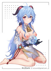 Rule 34 | 1girl, ahoge, arczumi, artist name, bare shoulders, barefoot, bell, blue gloves, blue hair, blush, breasts, chinese knot, detached sleeves, flower knot, ganyu (genshin impact), genshin impact, gloves, gold trim, horns, legs, light smile, long hair, looking at viewer, low ponytail, medium breasts, neck bell, nipples, orb, purple eyes, sideboob, sidelocks, simple background, sitting, solo, tassel, thighs, vision (genshin impact), wariza, white background, white sleeves