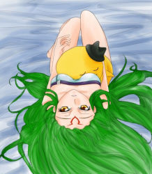 Rule 34 | 00s, 1girl, bed sheet, c.c., cheese-kun, code geass, creature, dress, from behind, green hair, head back, knees up, long hair, looking at viewer, looking back, lowres, pizza hut, solo, strapless, strapless dress, tattoo, thigh gap, very long hair, white dress, yellow eyes