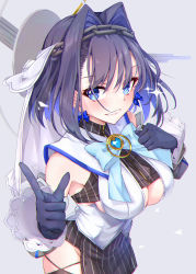Rule 34 | 1girl, :d, absurdres, black gloves, black skirt, blue bow, blue eyes, blush, bow, bow earrings, breasts, clothing cutout, detached sleeves, earrings, gloves, grey background, hair between eyes, hair intakes, highres, hololive, hololive english, jewelry, looking at viewer, medium breasts, medium hair, multicolored hair, open mouth, ouro kronii, ouro kronii (1st costume), pendant, pointing, pointing up, sidelocks, simple background, skirt, smile, solo, striped clothes, striped skirt, thighhighs, two-tone hair, underboob cutout, veil, vest, virtual youtuber, white vest, yuukauta