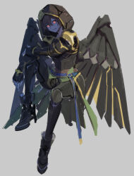 Rule 34 | 1boy, arm on knee, belt, black wings, boots, brown hair, cape, commentary, commentary request, evil smile, feathered wings, fingerless gloves, full body, gloves, glowing, glowing eyes, granblue fantasy, green cape, grey background, hair between eyes, hand on own arm, high heel boots, high heels, hood, hood up, knee up, looking at viewer, male focus, messy hair, red eyes, sandalphon (granblue fantasy), shaded face, short hair, sitting, smile, solo, tki, wings