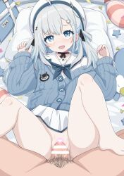 Rule 34 | 1girl, absurdres, bar censor, barefoot, bed, beret, blue eyes, blue hair, censored, hair ornament, happy sex, hat, highres, medium hair, nijisanji, no shoes, open mouth, outstretched arms, pov, pussy, school uniform, sex, soles, solo, spread arms, spread legs, spread pussy, toes, virtual youtuber, virtuareal, ycyc, yua (virtuareal)