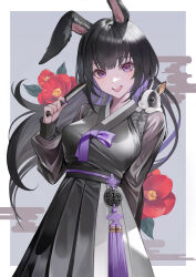 Rule 34 | 1girl, :d, absurdres, animal, animal ears, animal on shoulder, black hair, chungla, floating hair, flower, hanbok, highres, holding, korean clothes, long hair, long sleeves, looking at viewer, open mouth, original, puffy long sleeves, puffy sleeves, purple eyes, purple nails, rabbit, rabbit ears, red flower, simple background, smile, solo