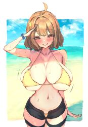Rule 34 | 1girl, :d, ahoge, anis (nikke), beach, bikini, black shorts, blush, breasts, brown eyes, brown hair, cleavage, doburingo, goddess of victory: nikke, hair ornament, highres, large breasts, navel, ocean, open fly, open mouth, salute, sand, short hair, short shorts, shorts, smile, solo, swimsuit, teeth, thigh strap, upper teeth only, water, wet, yellow bikini
