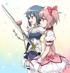 Rule 34 | 10s, 2girls, :d, blue eyes, blue hair, bow, bow (weapon), cape, choker, dddoochi1, fortissimo, gloves, hair bow, hair ornament, hairclip, kaname madoka, magical girl, mahou shoujo madoka magica, mahou shoujo madoka magica (anime), mahou shoujo madoka magica movie 1 &amp; 2, miki sayaka, multiple girls, musical note, musical note hair ornament, open mouth, pink eyes, pink hair, short hair, short twintails, side-by-side, smile, soul gem, sword, thighhighs, twintails, weapon, zettai ryouiki