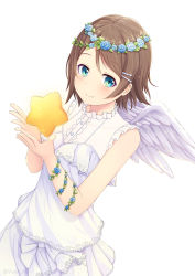 Rule 34 | 10s, 1girl, angel, aqua eyes, armlet, artist name, blush, brown hair, closed mouth, collarbone, dress, eyebrows, feathered wings, female focus, flower wreath, frilled dress, frilled sleeves, frills, grey hair, hair ornament, hairclip, jewelry, looking at viewer, love live!, love live! school idol festival, love live! sunshine!!, short hair, simple background, smile, solo, star (symbol), watanabe you, white background, white dress, white wings, wings