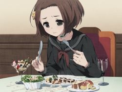 Rule 34 | 1girl, black eyes, black serafuku, black shirt, blouse, blush, bow, bread, brown hair, chair, choker, clockup, collar, croissant, crying, crying with eyes open, cum, cum in container, cum in cup, cum on food, cup, dessert, dinner, plate, drinking glass, eating, embarrassed, euphoria (clockup), female focus, food, fork, frown, fruit, game cg, gokkun, green eyes, hair bow, hamashima shigeo, humiliation, ice cream, knife, makiba rika, nervous, parfait, plate, pocky, pudding, ribbon, sad, salad, school uniform, serafuku, shirt, short hair, sitting, solo, steak, strawberry, table, tears, wine glass
