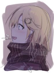 Rule 34 | 1girl, blonde hair, blue eyes, blush, from side, hair ornament, highres, hololive, hololive english, misaki d3su, noise, open mouth, plaid, plaid scarf, scarf, short hair, solo, virtual youtuber, watson amelia